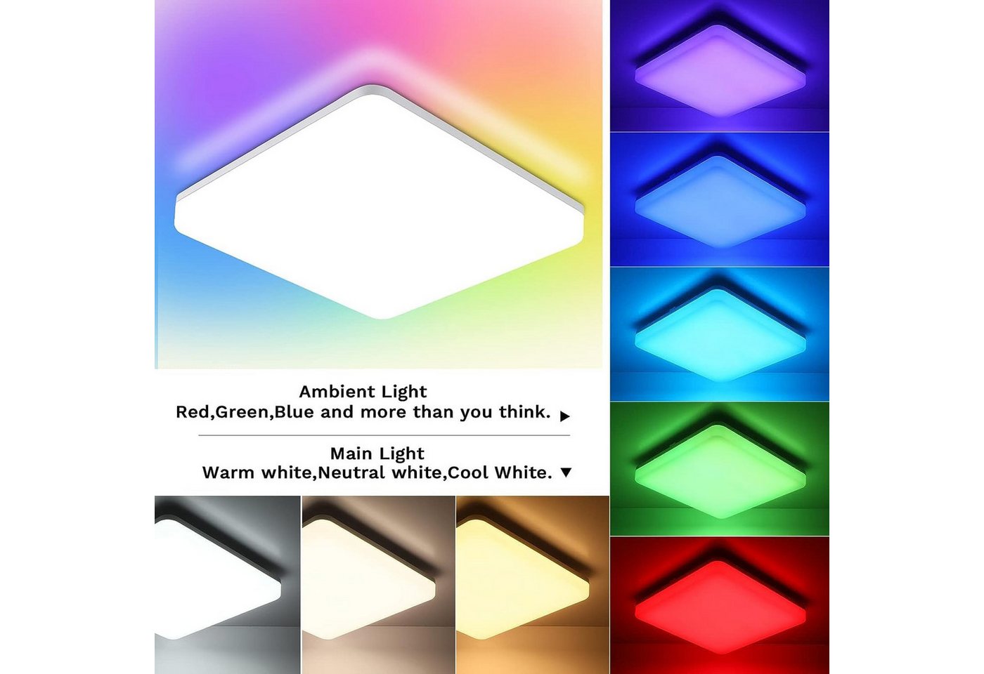 Diyarts LED Deckenleuchte, RGB-Zyklusmodus, LED fest integriert, warmes, kaltes & neutrales Licht, 7 RGB Lichtfarben, integrierter LED, Memory-Funktion, Augensc – Bild 2 von 5