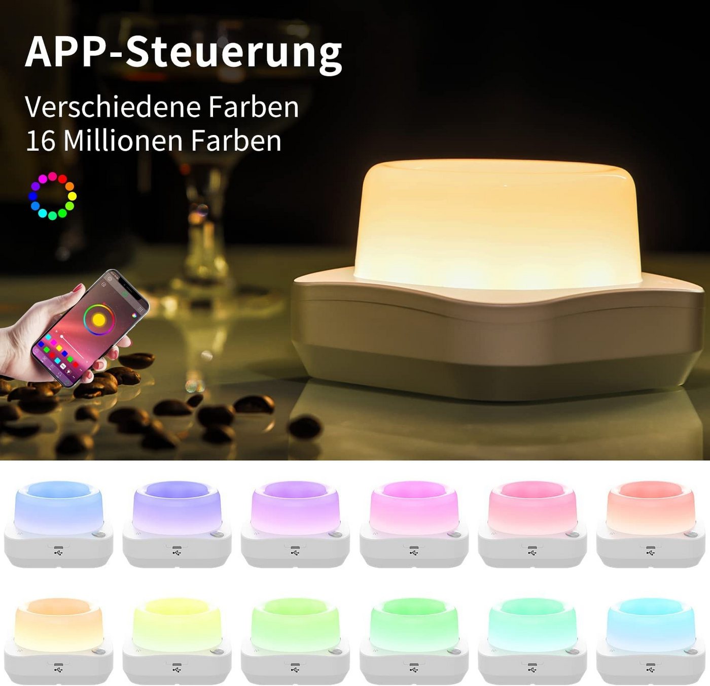 Diyarts LED Nachtlicht, LED fest integriert, Farbwechsel, App-Steuerung mit Timer x stufenlos dimmbar x USB aufladbar – Bild 2 von 5