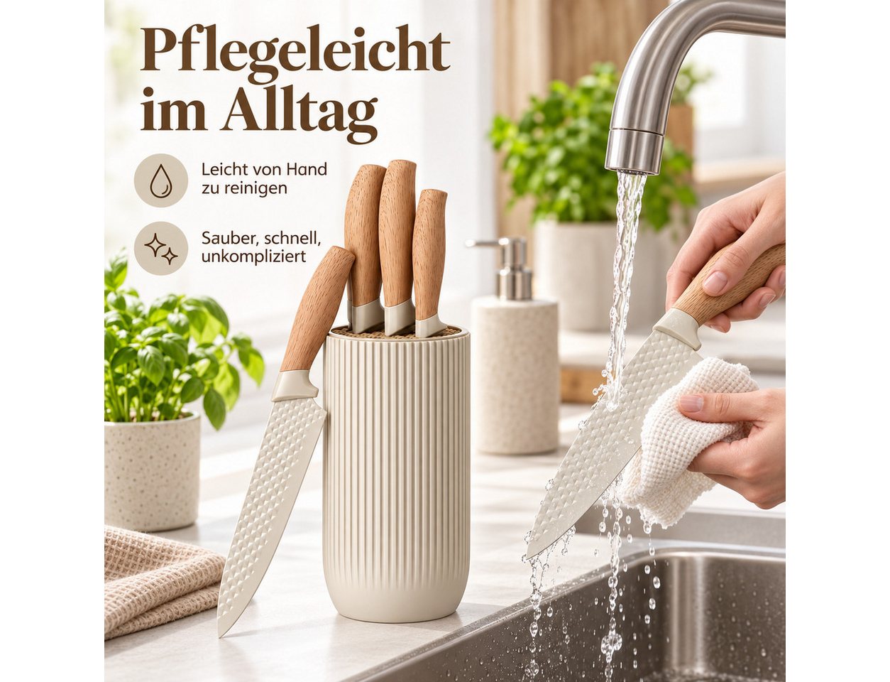 Diyarts Messerblock (5tlg), 4 Messer, Schere, Edelstahl, Antihaftbeschichtung, Holzoptik – Bild 5 von 5