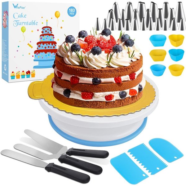 Diyarts Tortenwerkzeug, (Tortenplatte Drehbar Tortenständer Kuchen, 103-tlg., Drehteller inklusive 50 Einweg Spritzbeutel), mit 24 Düsen,2 Spatel, 1 Kuchenschne
