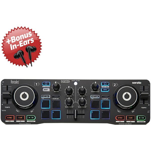 HERCULES DJ Controller Hercules DJ Control Starlight + Bonus In-Ear Kopfhörer, (Mit Serato DJ-Lite Software), Mit Serato DJ-Lite Software