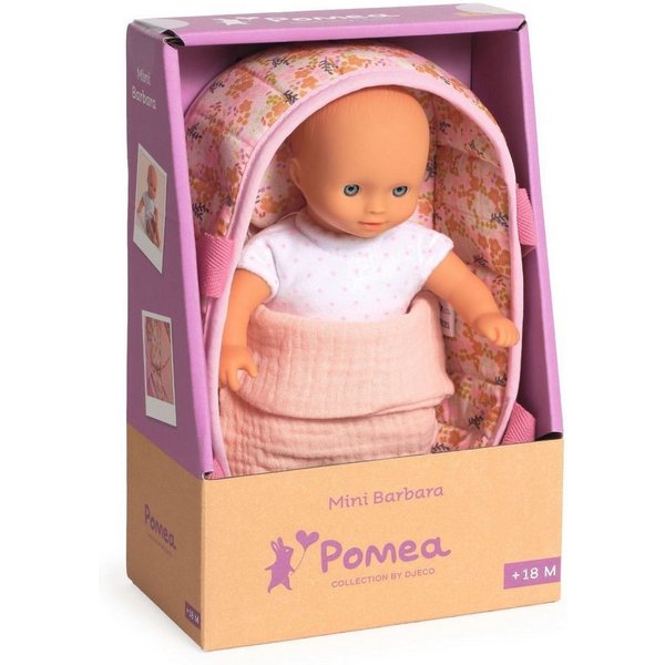DJECO Babypuppe Pomea Mini-Puppe Barbara mit weichem Körper und Babykörbchen, 20 cm