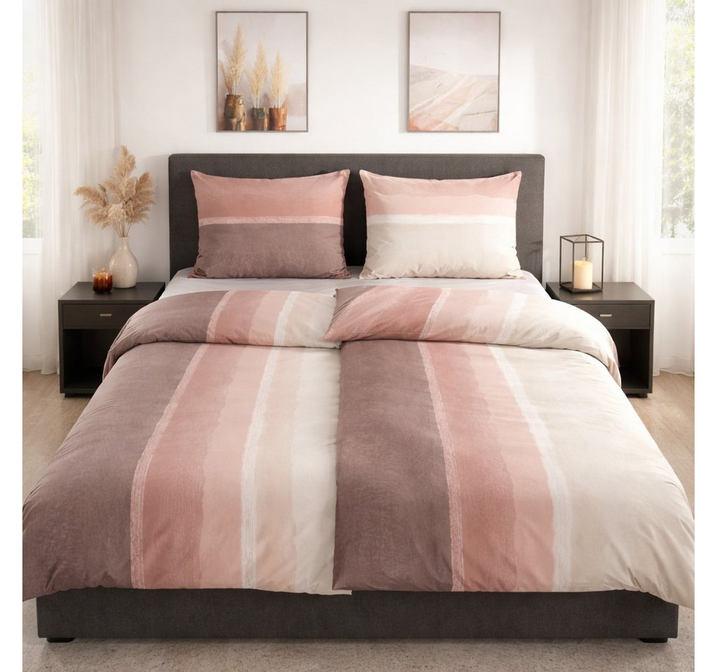 DOBNIG Bettwäsche Flanell, Flanell, 2 teilig, Farbverlauf, gestreift, rosa – Bild 2 von 4