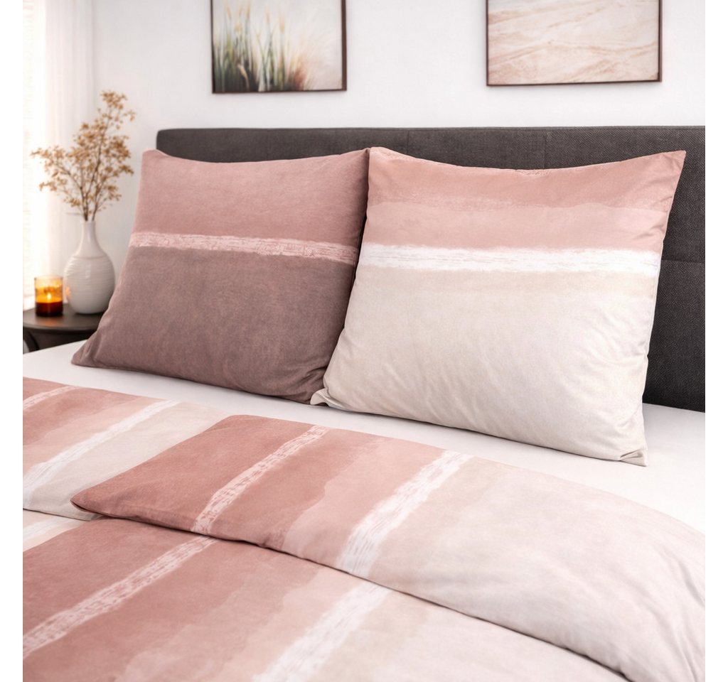 DOBNIG Bettwäsche Flanell, Flanell, 2 teilig, Farbverlauf, gestreift, rosa – Bild 3 von 4