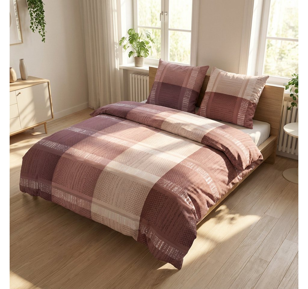 DOBNIG Bettwäsche Flanell, Flanell, 2 teilig, Karo, aubergine, rosa – Bild 2 von 4