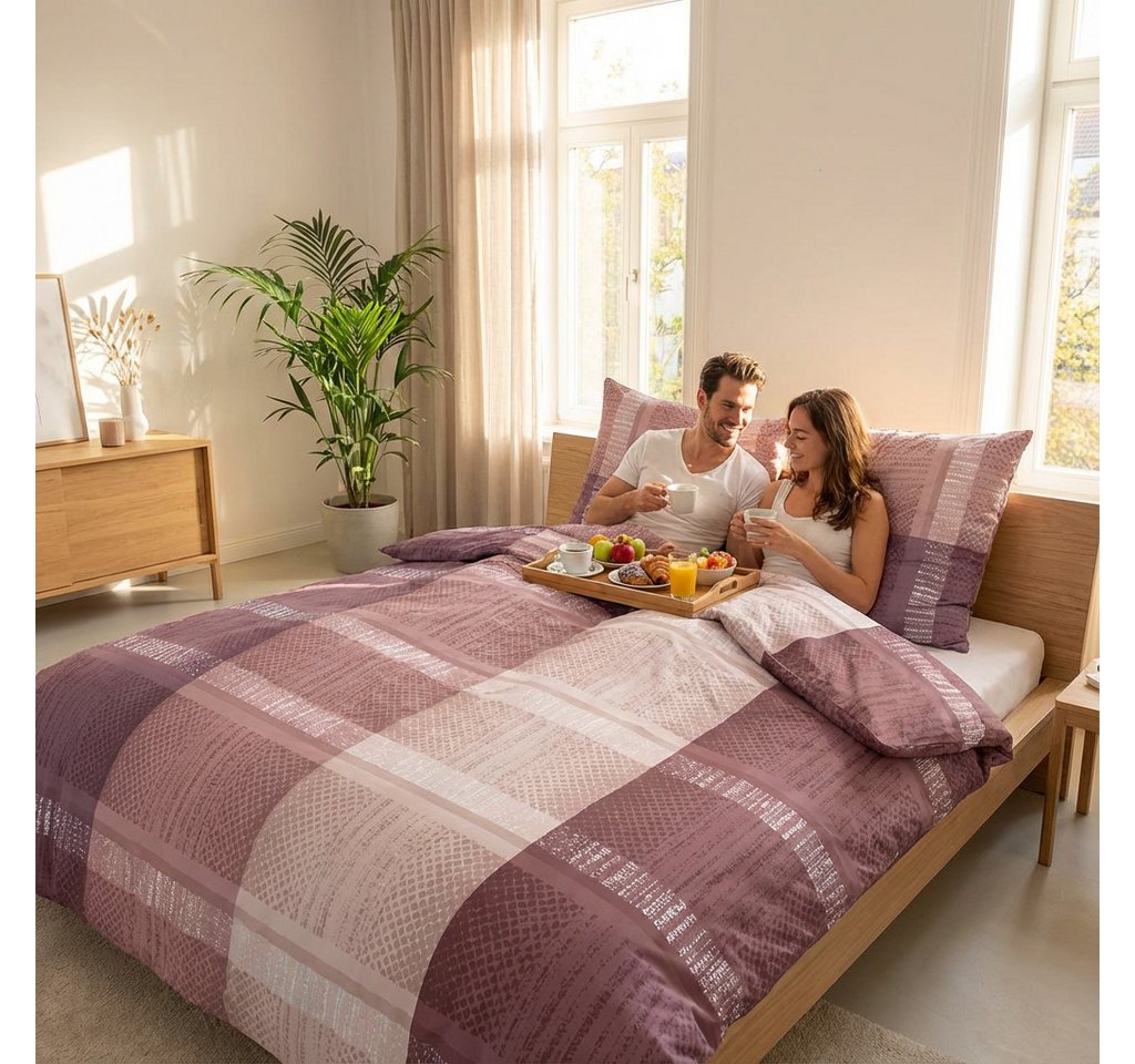 DOBNIG Bettwäsche Flanell, Flanell, 2 teilig, Karo, aubergine, rosa – Bild 3 von 4