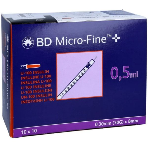 DocMed Einwegspritze BD Micro-Fine+ Insulinspritze 0,5 ml U100 0,30x8mm, (Spar-Set, Weltweiter Bestseller, 100-St., Steril verpackt), latexfrei