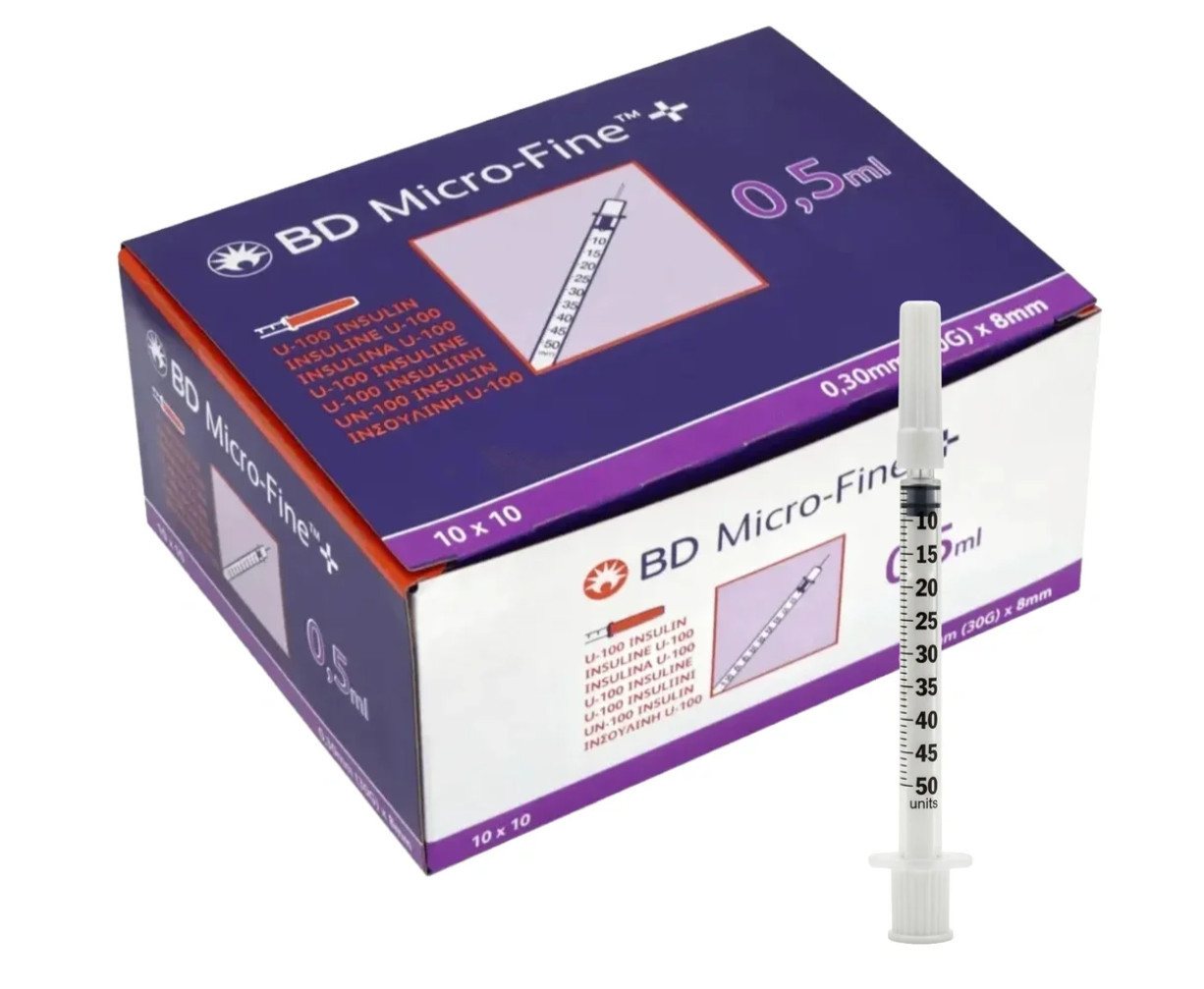 DocMed Einwegspritze BD Micro-Fine+ Insulinspritze 0,5 ml U100 0,30x8mm, (Spar-Set, Weltweiter Bestseller, 100-St., Steril verpackt), latexfrei – Bild 2 von 4