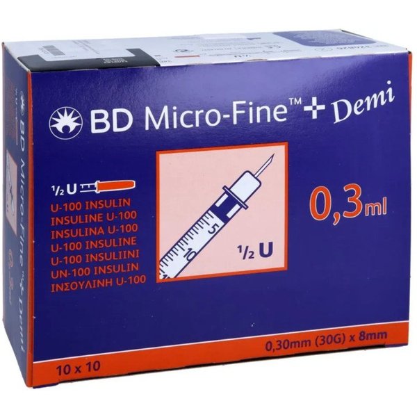 DocMed Einwegspritze BD Micro-Fine+ Insulinspritze 30G - 0,30x8mm U100 0,3ml, (Spar-Set, Weltweiter Bestseller, 100-St., Steril verpackt), latexfrei