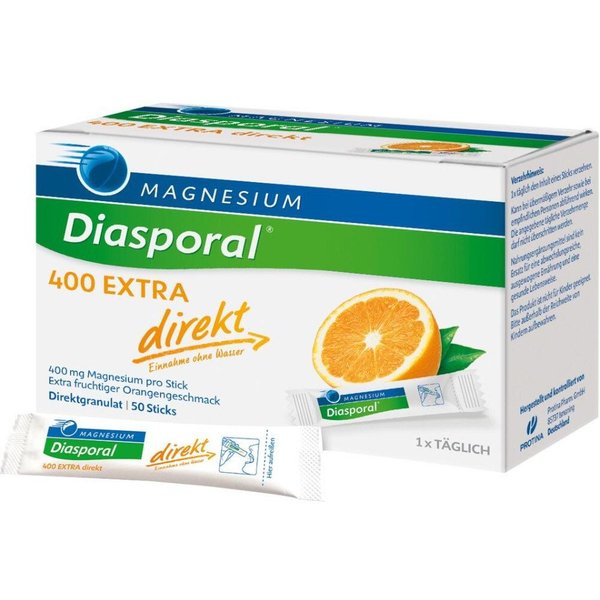 DocMed Magnesium Diasporal® 400 EXTRA direkt Orange Einnahme ohne Wasser Granulat, 50 er Portionssticks à 2,2 g, Vegan, Glutenfrei, Laktosefrei