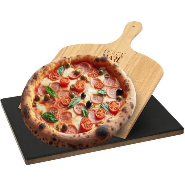 Dolce Mare Pizzastein Set schwarz Holz Pizzaschieber Brotbackstein, Cordierit