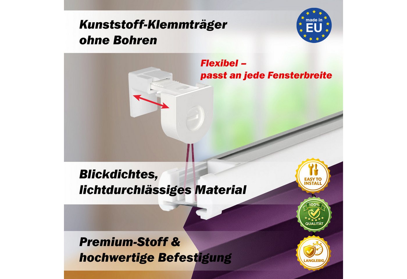 DomDeco Plissee "Calura", blickdicht, Ohne Bohren, Klemmfix, Sicht- und Sonnenschutz, ohne Bohren, Klemmfix, Fixmaß, Klemmträger – Bild 4 von 5
