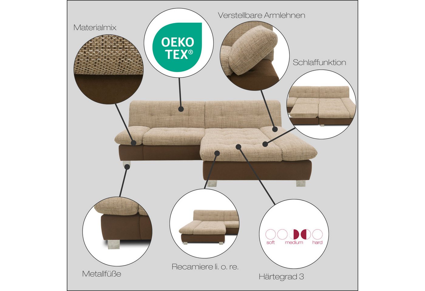 DOMO collection Ecksofa 100031 234x157 cm, kompakt, komfortabel & bequem, L-Form, whlw. mit Bettfunktion und Armteilverstellung – Bild 3 von 5
