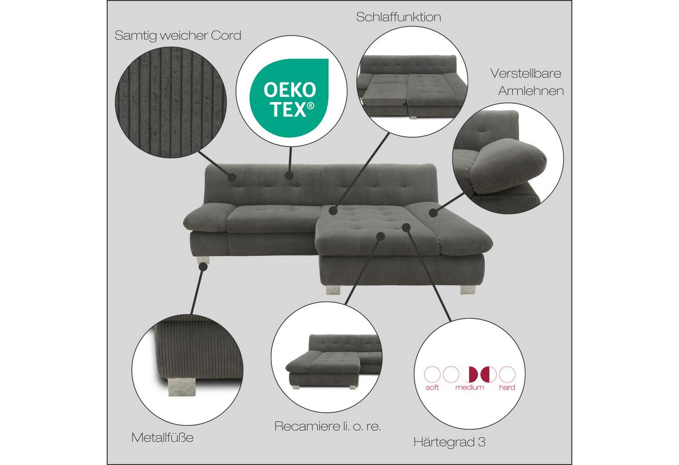 DOMO collection Ecksofa 100031 234x157 cm, kompakt, komfortabel & bequem, L-Form, whlw. mit Bettfunktion und Armteilverstellung – Bild 3 von 5