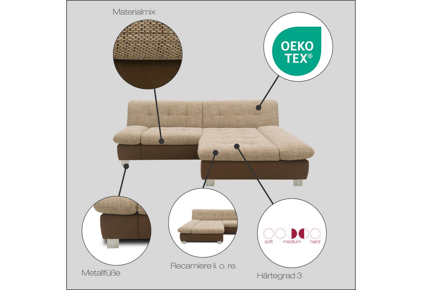 DOMO collection Ecksofa 100031 234x157 cm, kompakt, komfortabel & bequem, L-Form, whlw. mit Bettfunktion und Armteilverstellung – Bild 3 von 5