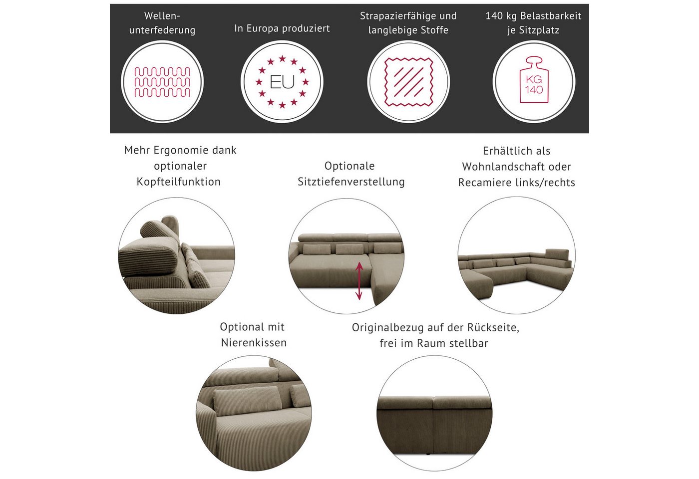 DOMO collection Ecksofa BRANDON 289x177 cm, belastbar bis 140 kg/Sitz, L-Form, mit Sitztiefenverstellung, Luxus-Microfaser, dunkelgrau – Bild 3 von 5