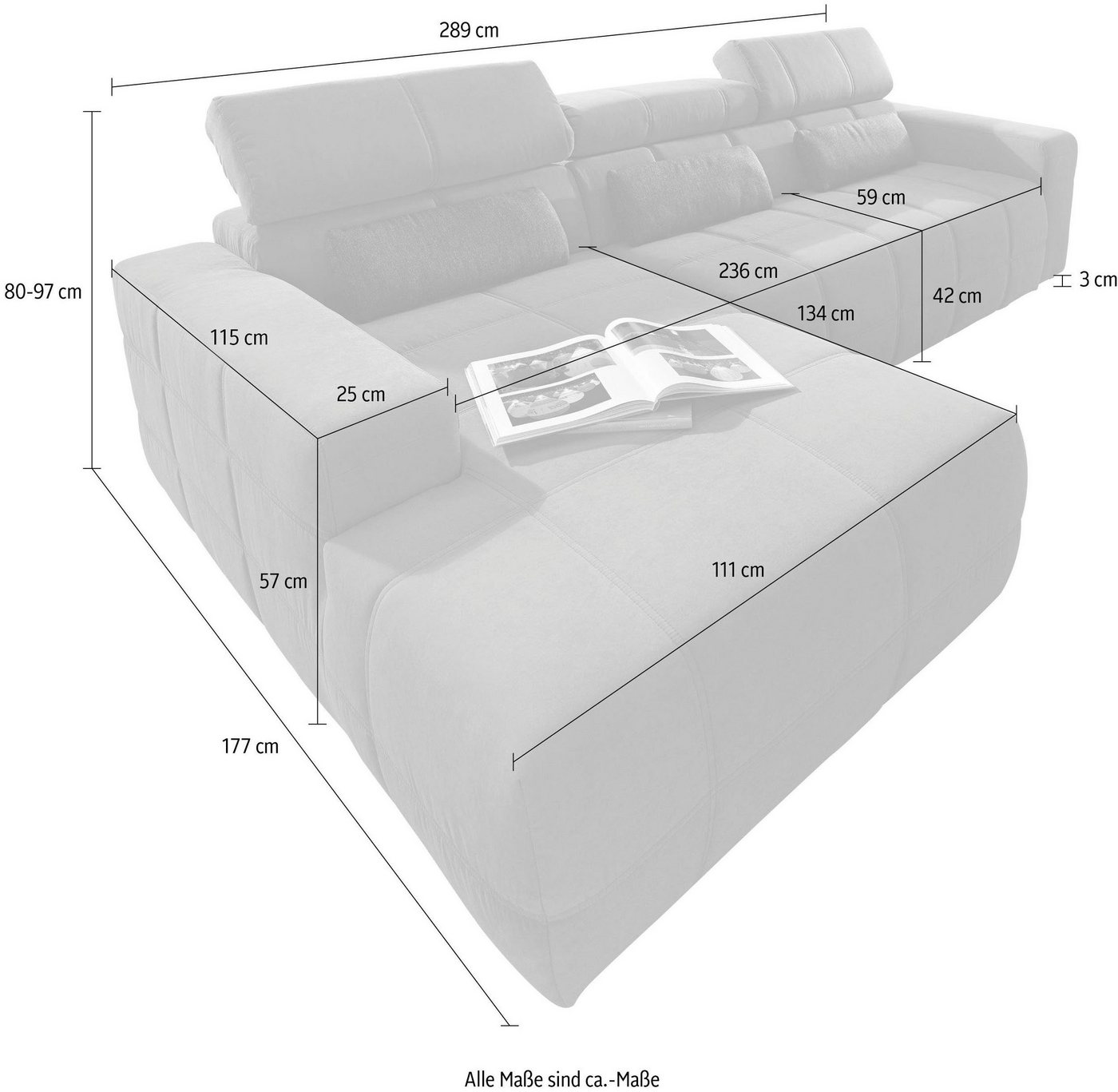 DOMO collection Ecksofa BRANDON 289x177 cm, belastbar bis 140 kg/Sitz, L-Form, mit Sitztiefenverstellung, Luxus-Microfaser, dunkelgrau – Bild 5 von 5