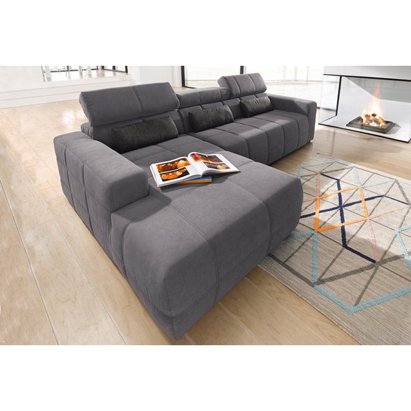 DOMO collection Ecksofa BRANDON 289x177 cm, belastbar bis 140 kg/Sitz, L-Form, ohne Sitztiefenverstellung, Luxus-Microfaser, dunkelgrau