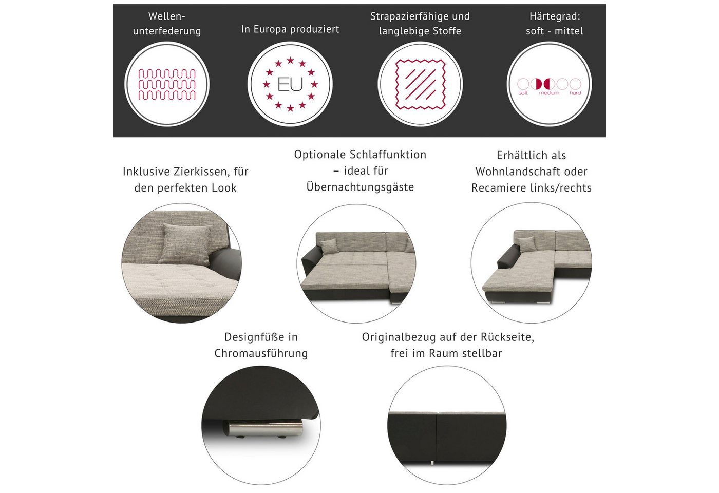 DOMO collection Ecksofa BRANDON 289x177x80 cm, whlw. mit Sitztiefenverstellung, L-Form, mit Sitztiefenverstellung, Luxus-Microfaser, dunkelgrau – Bild 3 von 5