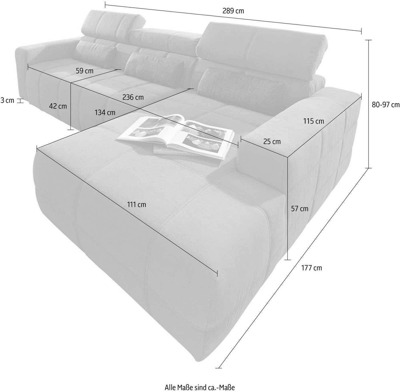DOMO collection Ecksofa BRANDON 289x177x80 cm, whlw. mit Sitztiefenverstellung, L-Form, mit Sitztiefenverstellung, Luxus-Microfaser, dunkelgrau – Bild 5 von 5