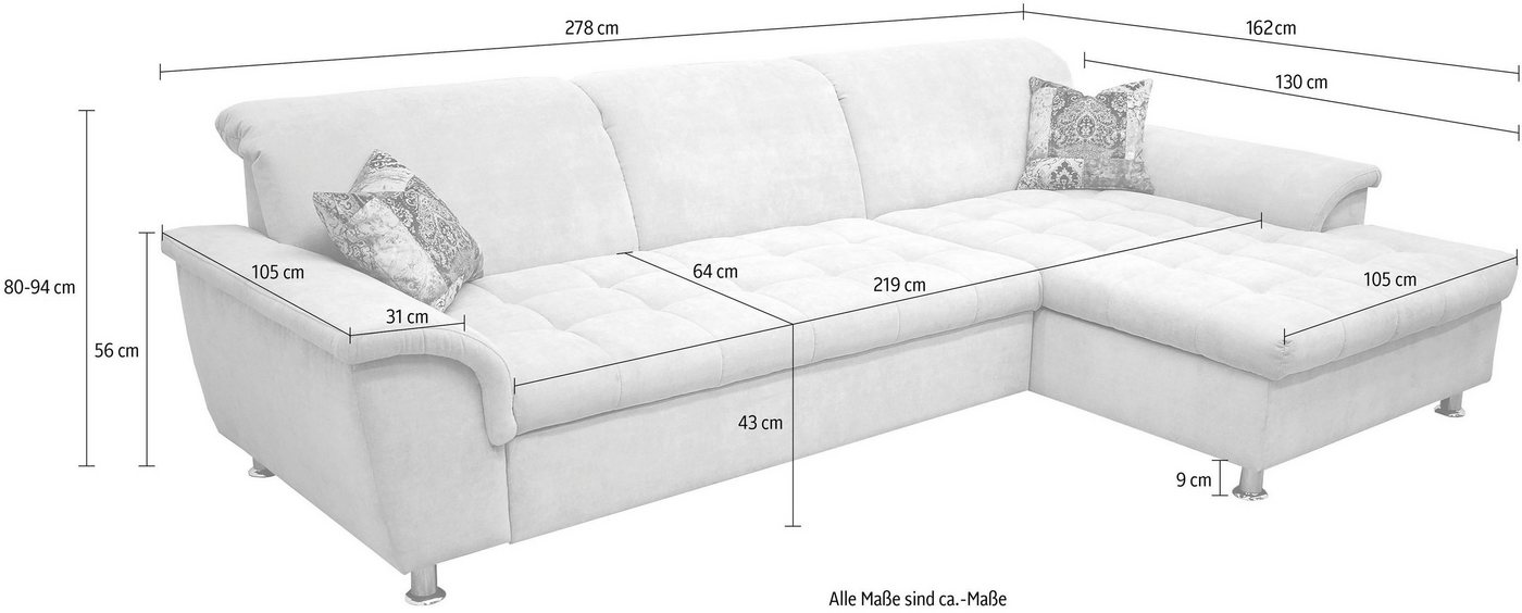 DOMO collection Ecksofa FRANZI 278x162 cm, belastbar bis 140 kg/Sitz, L-Form, bequem, Flachgewebe, graphite. Mit Kopfteilverstellung für Wohlfühlkomfort – Bild 2 von 3