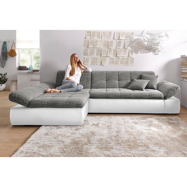 DOMO collection Ecksofa MORIC 300x172 cm, XXL-Sofa mit viel Platz, L-Form, auch in Cord, wahlweise mit Bettfunktion und Armteilverstellung, weiß-grau