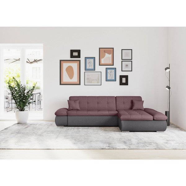 DOMO collection Ecksofa MORIC 300x172 cm, XXL-Sofa mit viel Platz, L-Form, auch in Cord, wahlweise mit Bettfunktion und Armteilverstellung, grau-beere