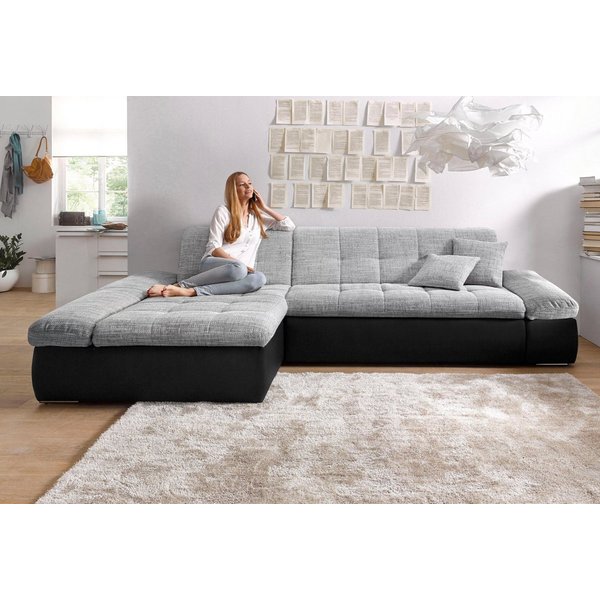 DOMO collection Ecksofa MORIC 300x172 cm, XXL-Sofa mit viel Platz, L-Form, auch in Cord, wahlweise mit Bettfunktion und Armteilverstellung, schwarz-silber