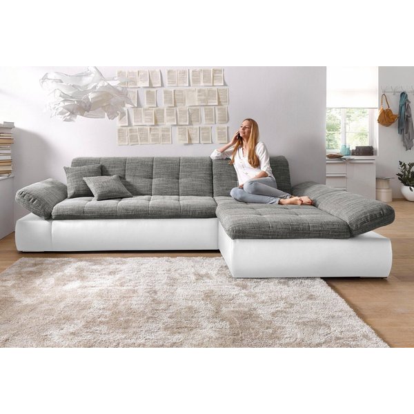 DOMO collection Ecksofa MORIC 300x172 cm, XXL-Sofa mit viel Platz, L-Form, auch in Cord, wahlweise mit Bettfunktion und Armteilverstellung, weiß-grau