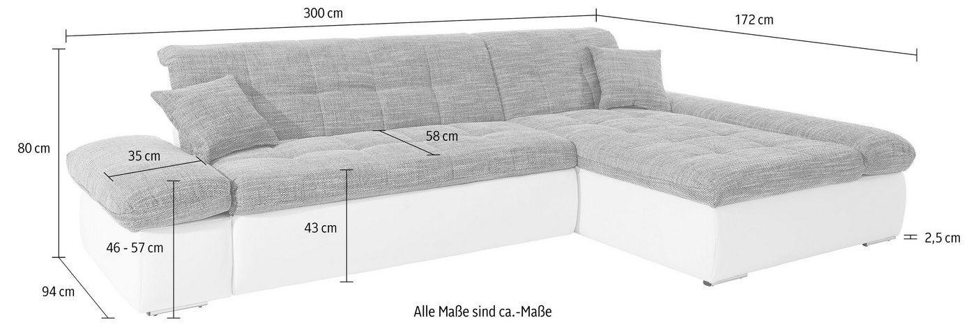DOMO collection Ecksofa MORIC 300x172 cm, XXL-Sofa mit viel Platz, L-Form, auch in Cord, wahlweise mit Bettfunktion und Armteilverstellung, beige-braun – Bild 5 von 5