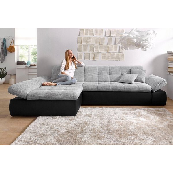 DOMO collection Ecksofa MORIC 300x172 cm, XXL-Sofa mit viel Platz, L-Form, auch in Cord, wahlweise mit Bettfunktion und Armteilverstellung, schwarz-silber