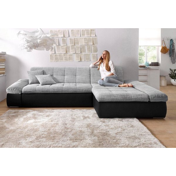 DOMO collection Ecksofa MORIC 300x172 cm, XXL-Sofa mit viel Platz, L-Form, auch in Cord, wahlweise mit Bettfunktion und Armteilverstellung, schwarz-silber