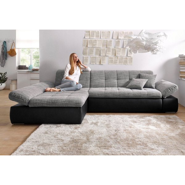 DOMO collection Ecksofa MORIC 300x172 cm, XXL-Sofa mit viel Platz, L-Form, auch in Cord, wahlweise mit Bettfunktion und Armteilverstellung. Schwarz-weiß-grau
