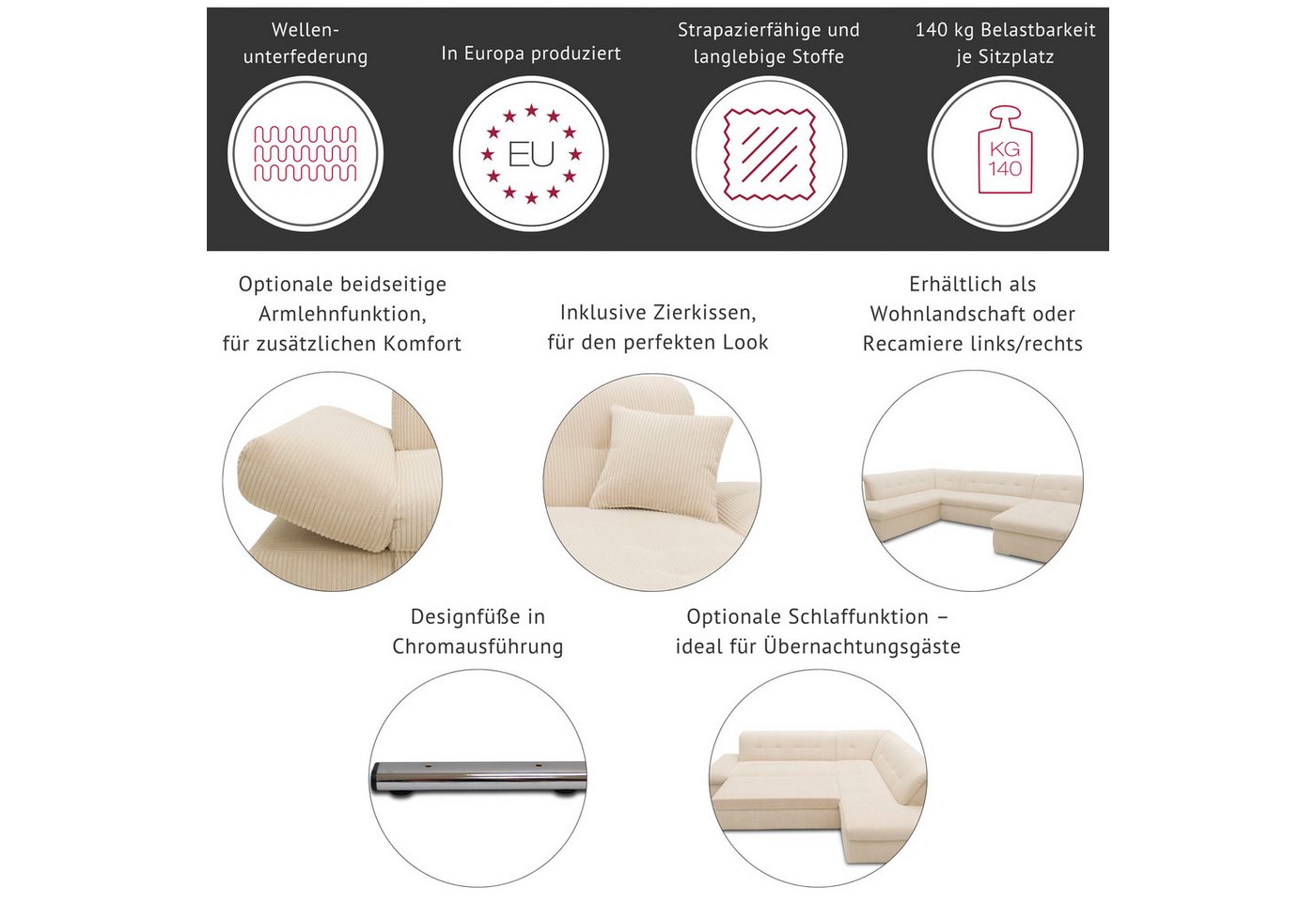 DOMO collection Ecksofa MORIC Massiv! - Belastbar bis 140 kgxSitz, hochwertig & komfortabel, XXL, L-Form, inkl. Zierkissen – Bild 3 von 5