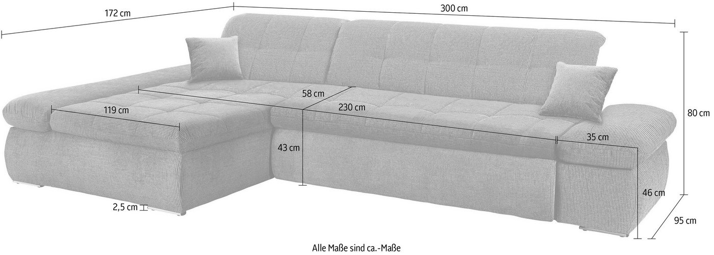 DOMO collection Ecksofa MORIC Massiv! - Belastbar bis 140 kgxSitz, 300x172 cm, XXL-Format, L-Form, Chenilleoptik, grau – Bild 4 von 5