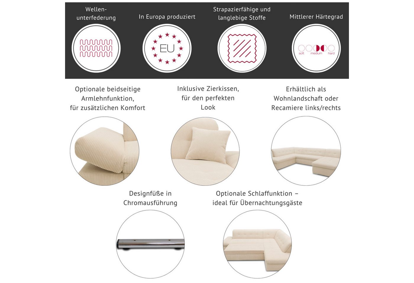 DOMO collection Ecksofa PB MORIC wahlweise mit Bettfunktion + Armteilverstellung, L-Form, im XXL-Format, B/T/H:300/172/80 cm, feine Steppung – Bild 3 von 5