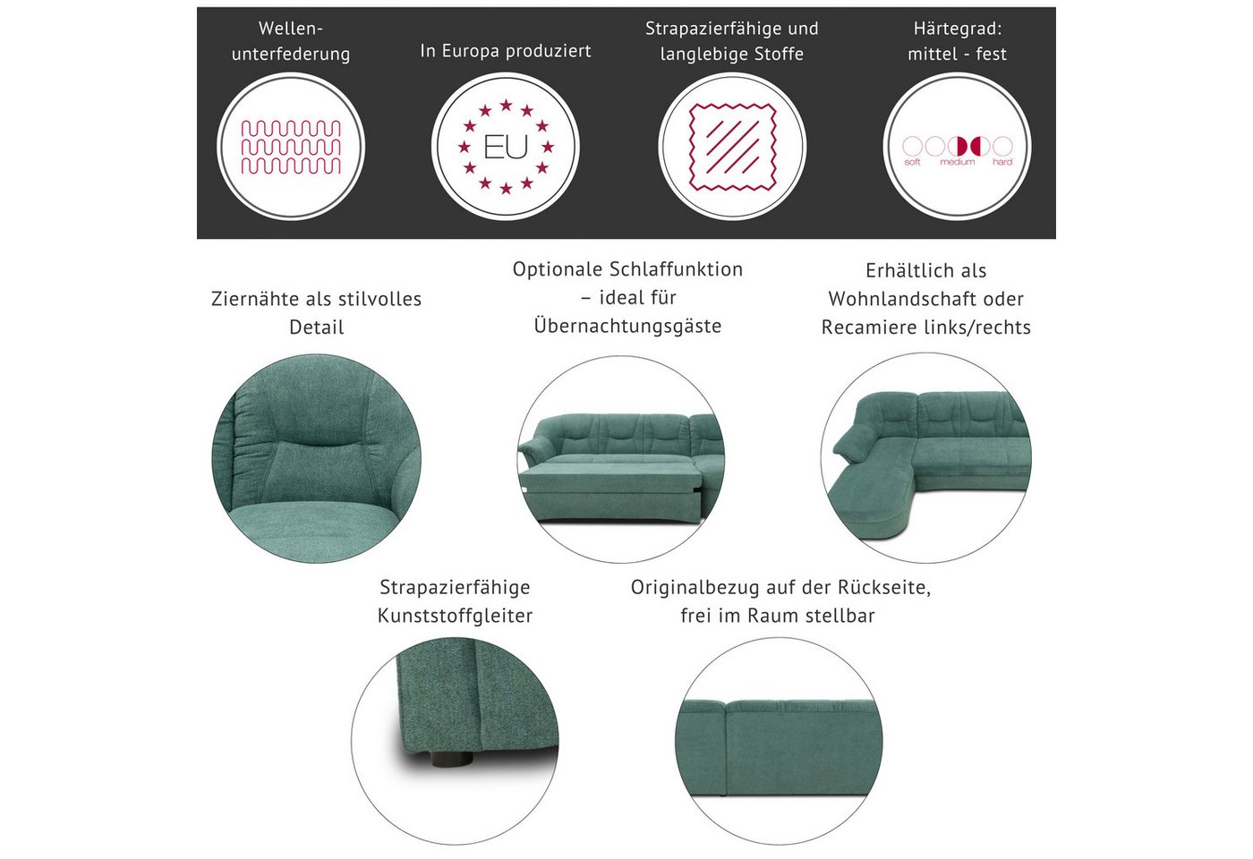 DOMO collection Ecksofa SARAFINA 240x190 cm, auch mit Federkern für mehr Sitzkomfort!, whlw. mit Bettfunktion, elegantes Design, L-Form – Bild 4 von 5