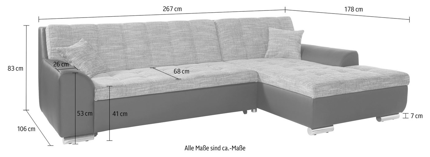 DOMO collection Ecksofa TREVISO viele Bezüge, auch in Cord, L-Form, 267x178 cm, wahlw. mit Bettfunktion, inkl. Zierkissen, Unser Dauertiefpreis – Bild 5 von 5