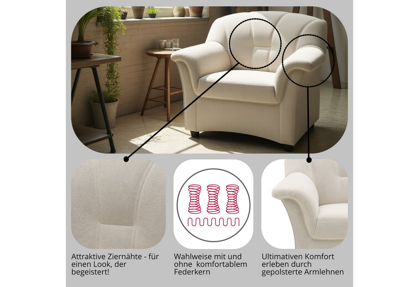 DOMO collection Sessel FLORES 92x82 cm, hochwertig & besonders komfortabel, whlw. mit Federkern (nicht bei Microfaser PRIMABELLE®-Struktur) – Bild 3 von 5