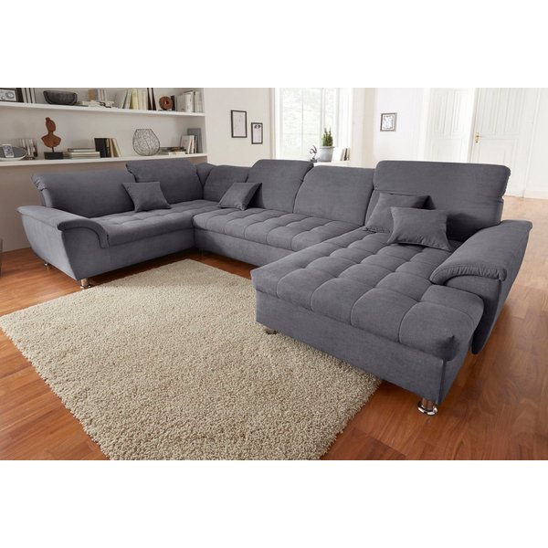 DOMO collection Wohnlandschaft FRANZI optional mit Bettfunktion, Bettkasten & Kopfteilverstellung, U-Form, Recamiere rechts, dunkelgrau, B/T: 352/214 cm