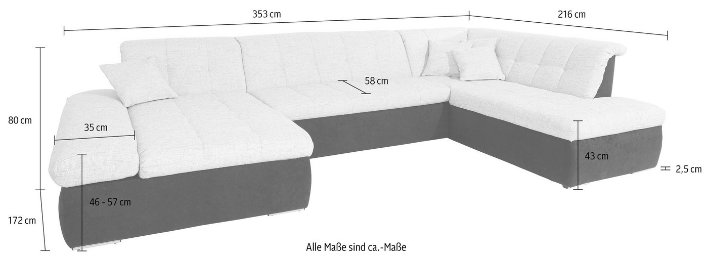 DOMO collection Wohnlandschaft MORIC 353x216x80 cm, mit viel Platz, U-Form, auch in Cord, im XXL-Format, wahlweise mit Bettfunktion und Armlehnenverstellung – Bild 5 von 5