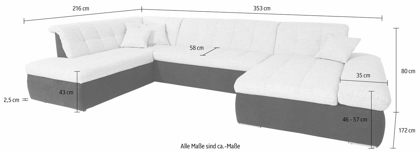 DOMO collection Wohnlandschaft MORIC 353x216x80 cm, mit viel Platz, U-Form, auch in Cord, im XXL-Format, wahlweise mit Bettfunktion und Armlehnenverstellung – Bild 5 von 5