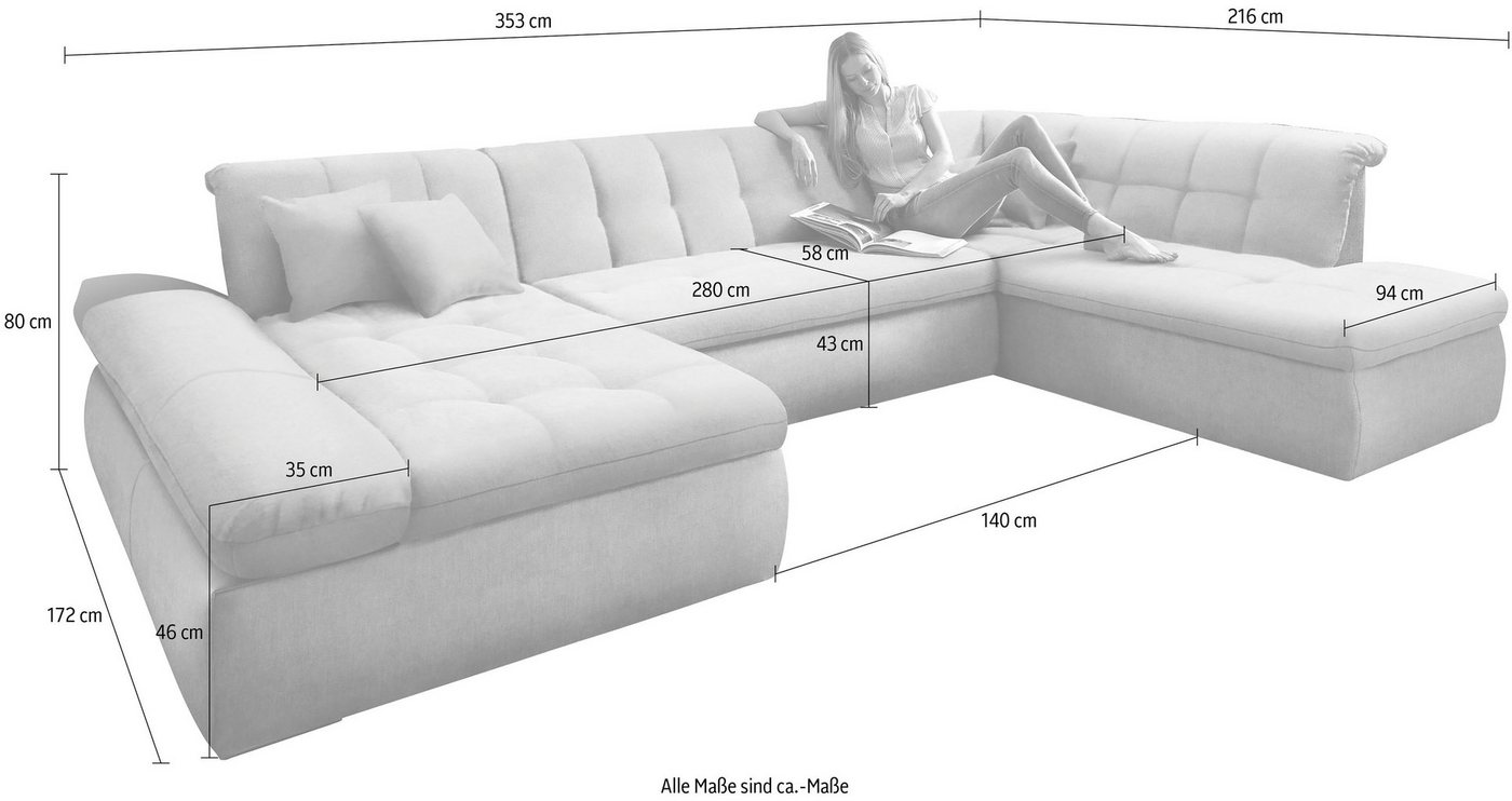 DOMO collection Wohnlandschaft NMORIC im XXL-Format, 353x216x80 cm, inkl. Zierkissen U-Form, wahlweise mit Bettfunktion und Armlehnenverstellung – Bild 4 von 5