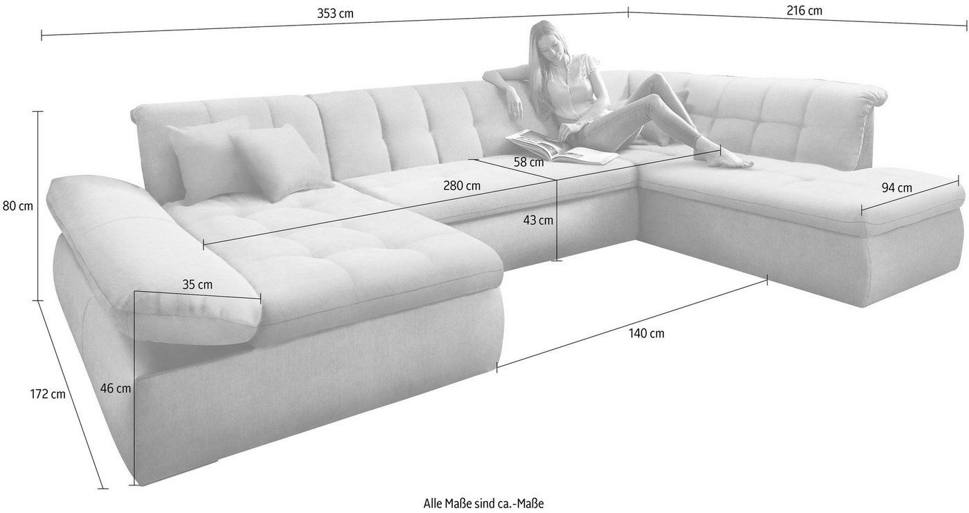 DOMO collection Wohnlandschaft NMORIC im XXL-Format, 353x216x80 cm, inkl. Zierkissen U-Form, wahlweise mit Bettfunktion und Armlehnenverstellung – Bild 4 von 5