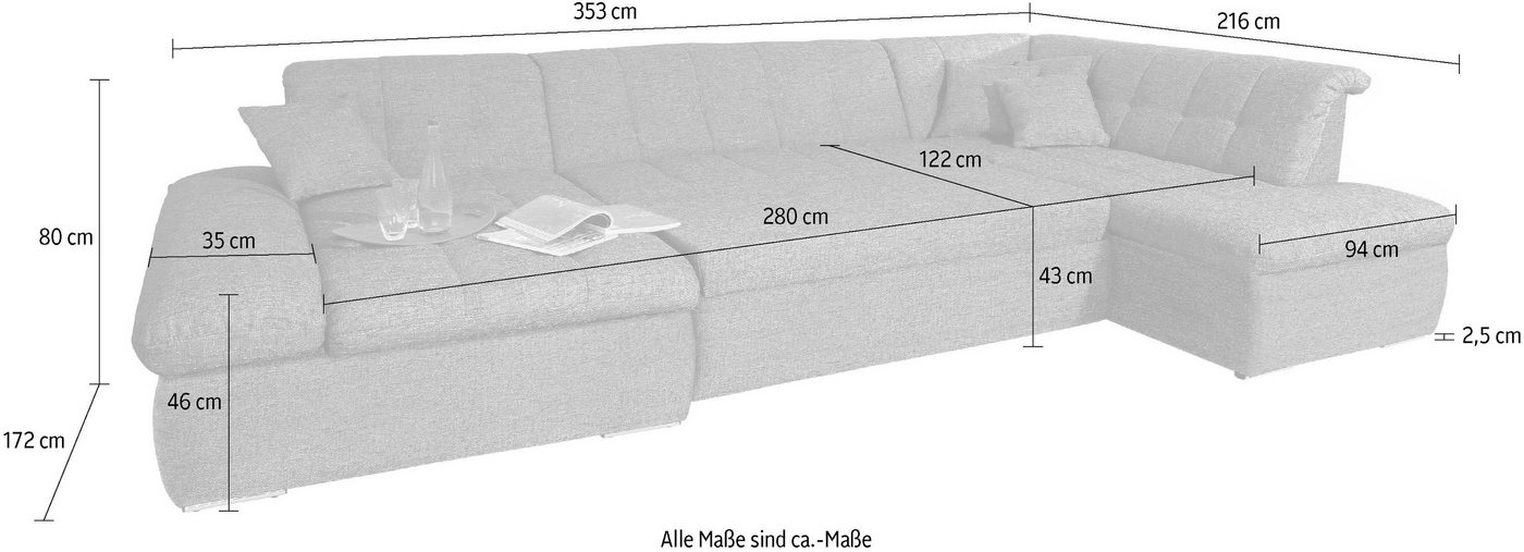 DOMO collection Wohnlandschaft NMORIC im XXL-Format, 353x216x80 cm, inkl. Zierkissen U-Form, wahlweise mit Bettfunktion und Armlehnenverstellung – Bild 5 von 5