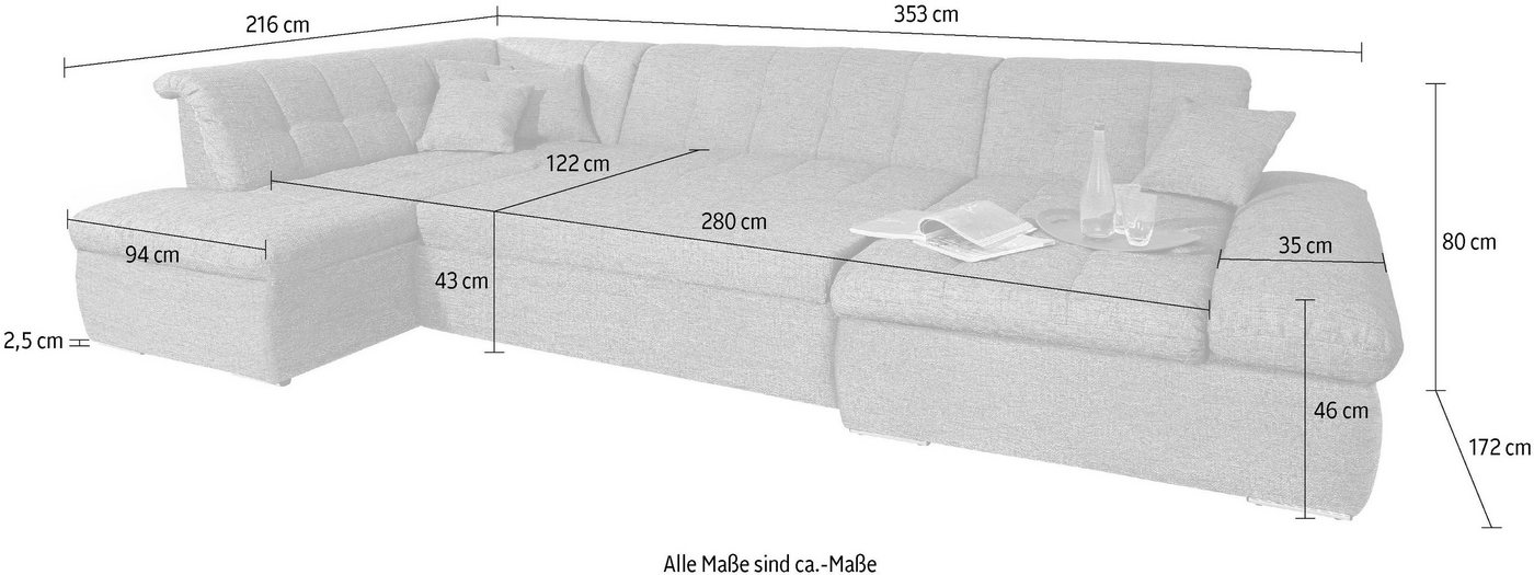DOMO collection Wohnlandschaft NMORIC im XXL-Format, 353x216x80 cm, inkl. Zierkissen U-Form, wahlweise mit Bettfunktion und Armlehnenverstellung – Bild 5 von 5