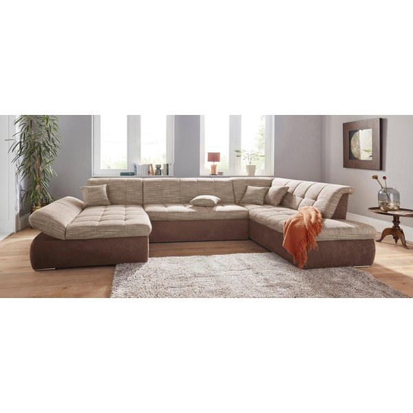 DOMO collection Wohnlandschaft PB MORIC wahlweise mit Bettfunktion und Armteilverstellung U-Form, XXL-Format B/T/H: 353/216/80 cm, feine Steppung, incl. Zierkis
