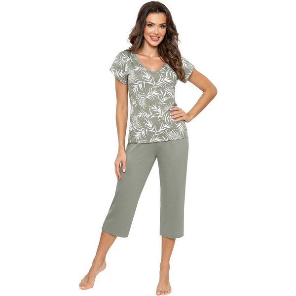 Donna Capri-Pyjama 3/4 Schlafanzug mit Palmen-Druck & Basic-Hose in oliv (2 tlg) premium Viskosemischung, Made in Europa