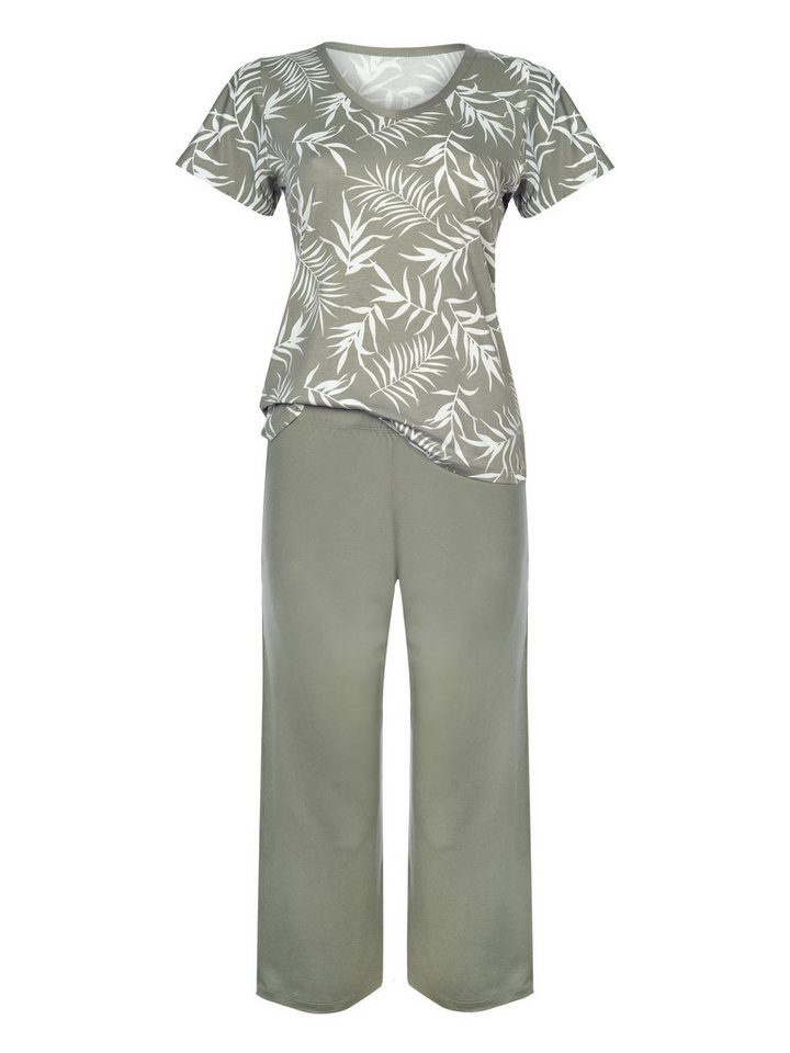 Donna Capri-Pyjama 3/4 Schlafanzug mit Palmen-Druck & Basic-Hose in oliv (2 tlg) premium Viskosemischung, Made in Europa – Bild 2 von 5