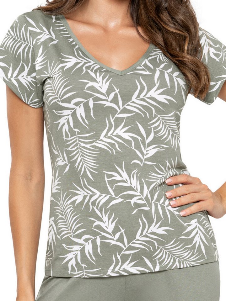 Donna Capri-Pyjama 3/4 Schlafanzug mit Palmen-Druck & Basic-Hose in oliv (2 tlg) premium Viskosemischung, Made in Europa – Bild 4 von 5